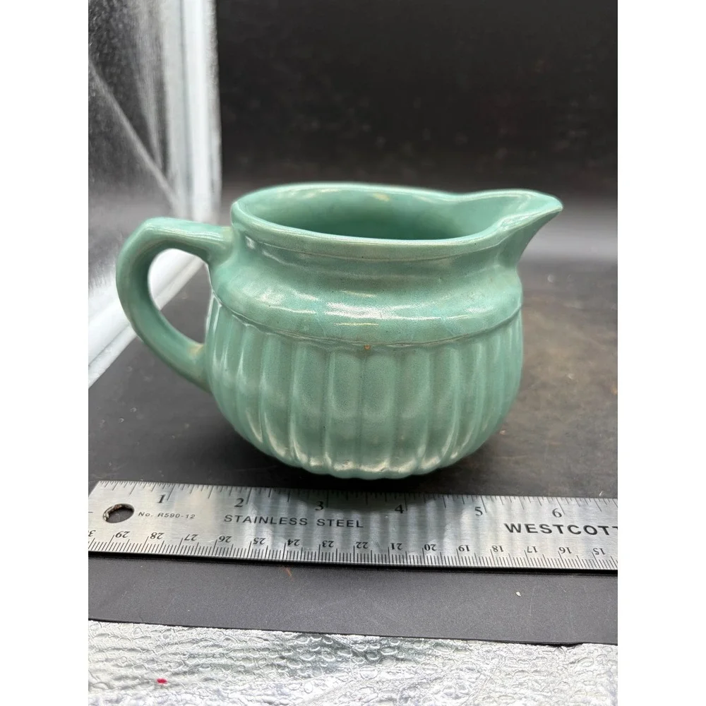 Vintage Seafoam Green Ribbed Ceramic Creamer Pitcher Fluted Pottery